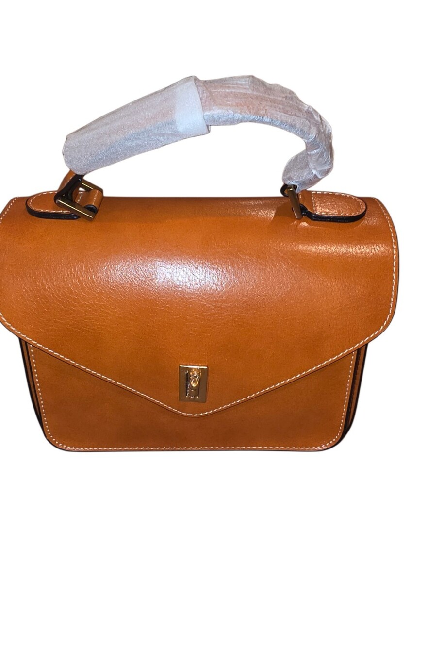 Brand New - Tan Genuine Leather Satchel w Decorative Fabric & Leather Straps